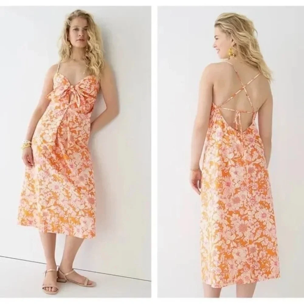 J. Crew Tie Front Cotton Poplin Orange Floral Midi Dress S Vacation Summer NWT